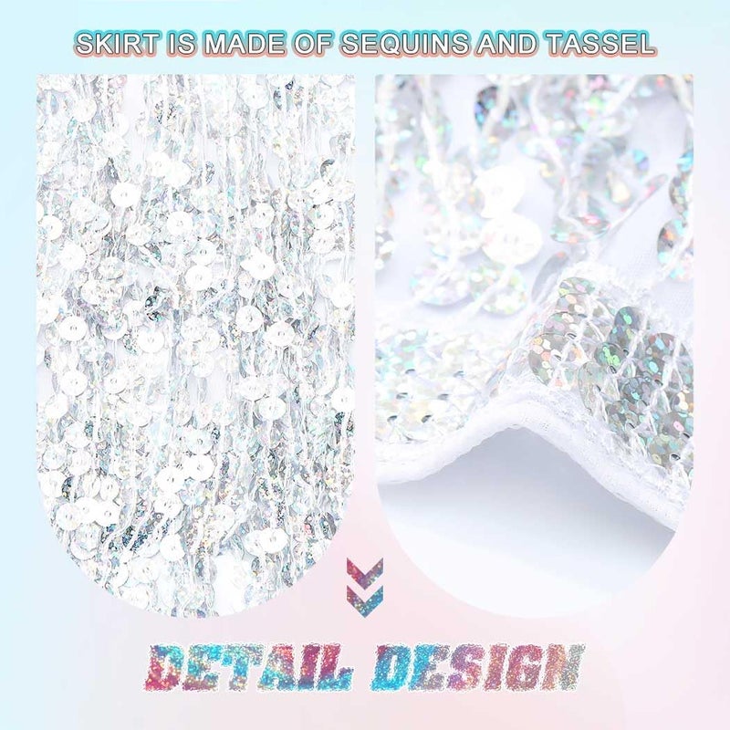 REETAN Fringe Sequin Skirt Belly Dance Mardi Gras Sparkly Rave Skirts for Women (A-Silver) - Image 4